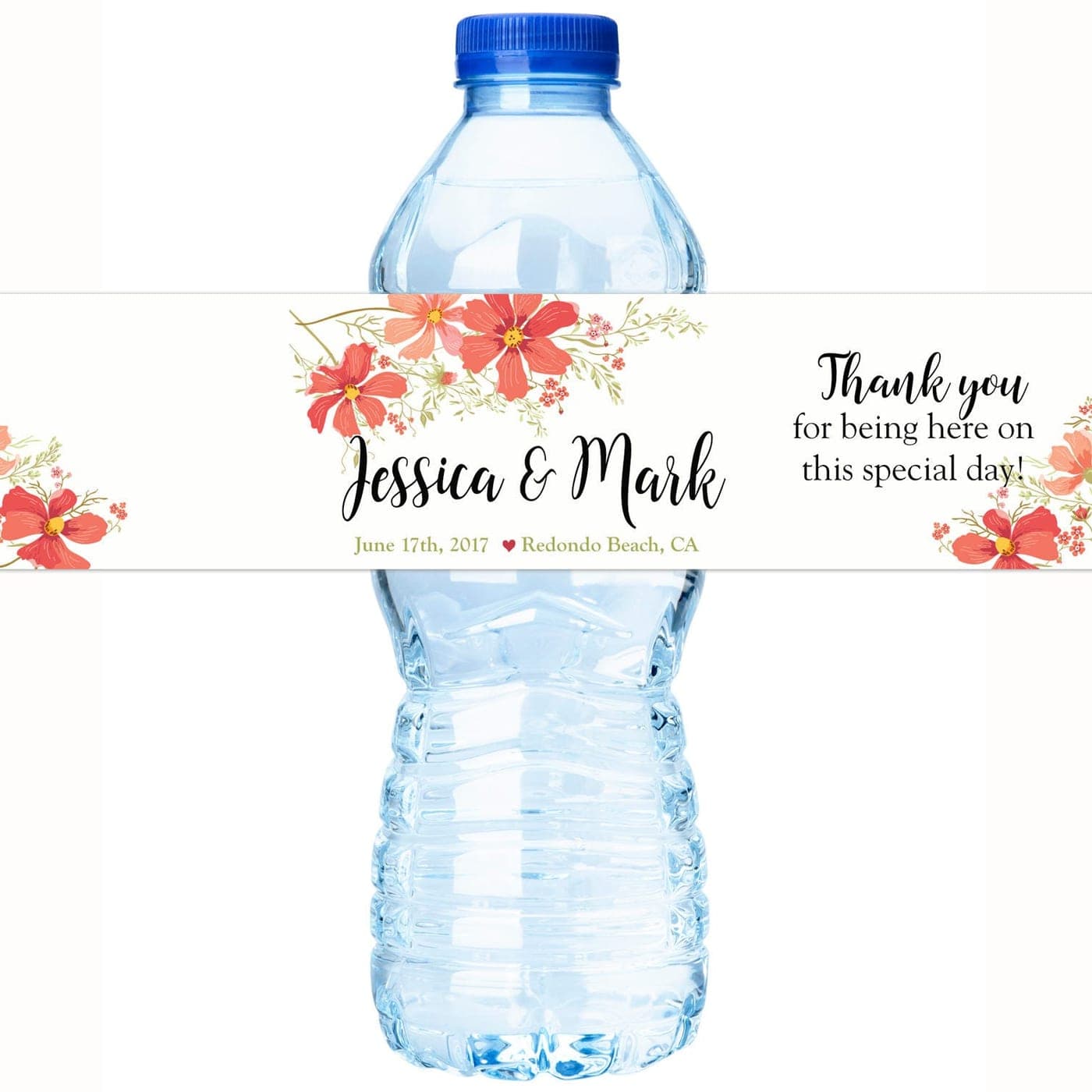 Personalised floral wedding label on a bottle of water