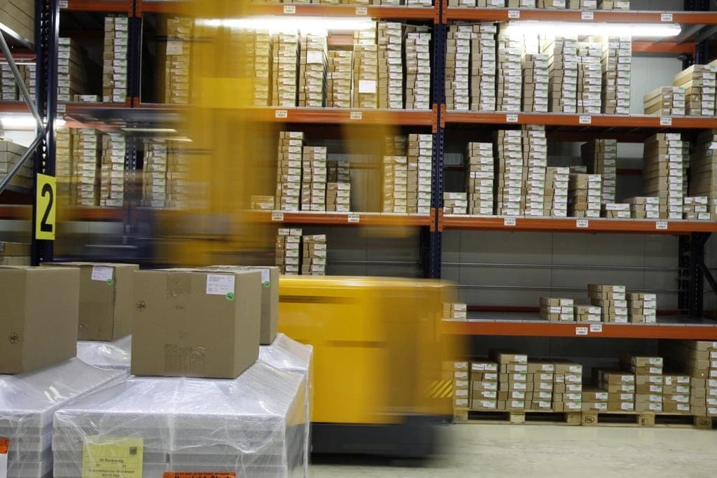 Warehouse shelves stocked with packaged goods