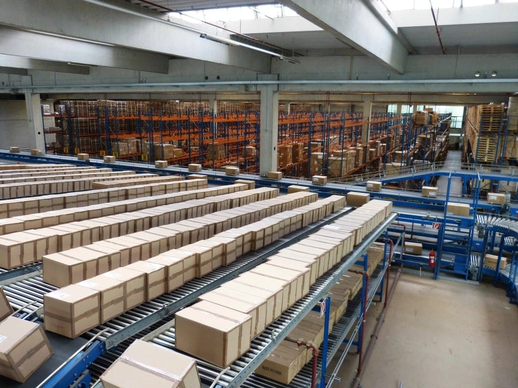 Boxes moving through a distribution centre